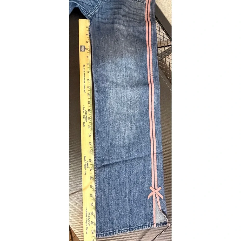 Abercrombie Kids Low Rise Baggy Jeans Blue Pink Side Stripe Bows 9/10 Long NWT